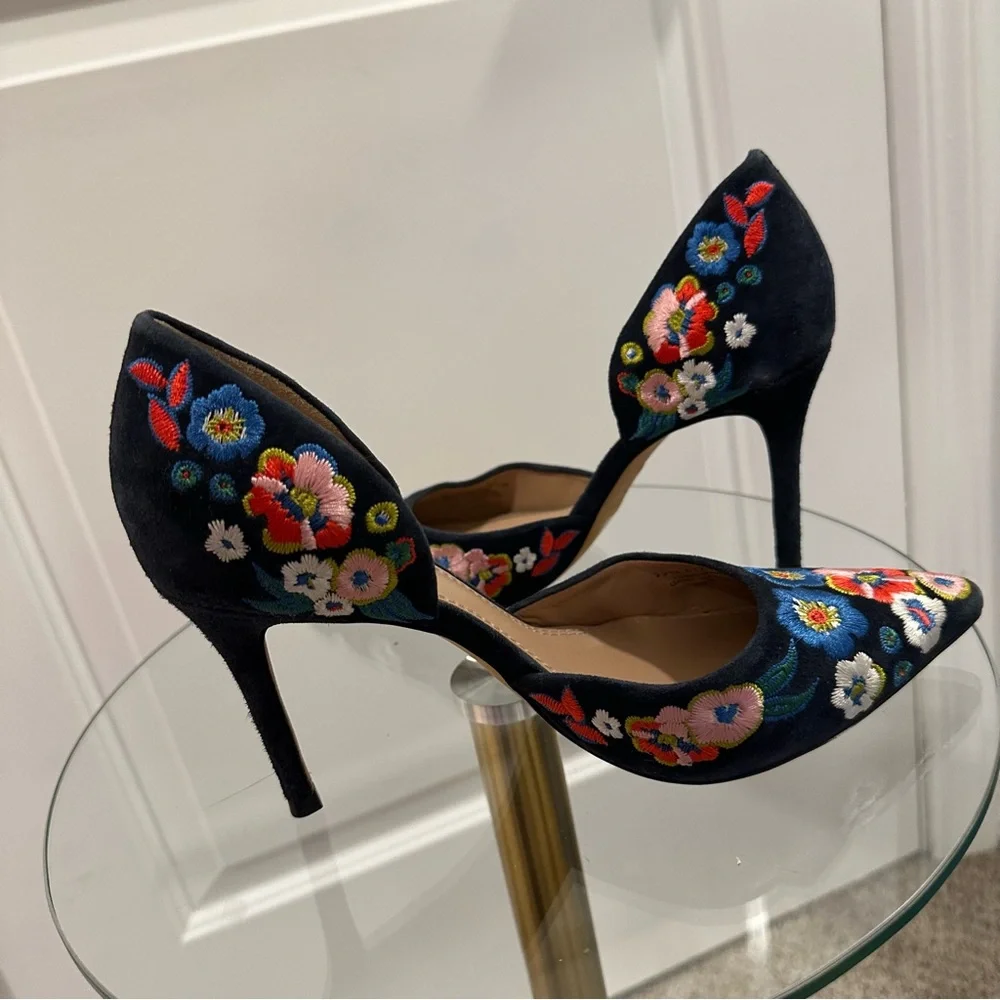 Tory Burch Rosemont Embroidered d'Orsay Pump Heels in Navy Blue, size 6.5